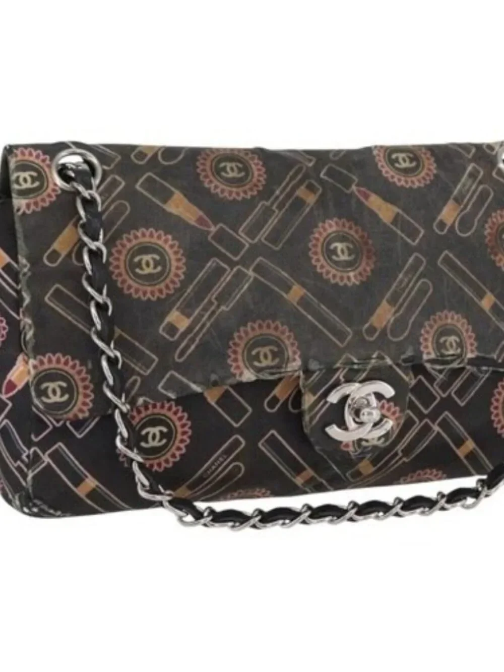 CHANEL Chain Shoulder Bag Satin Black Silver CC Auth ARZ448A